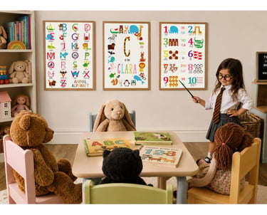 Young girl playing teacher in a cosy playroom with animal alphabet, personalised initial and number educational prints