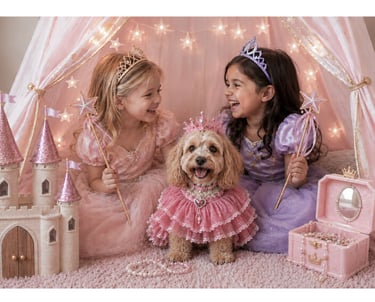 Two little girls dressed as princesses playing in a magical pink play tent with a princess dog, castle and fairy lights.