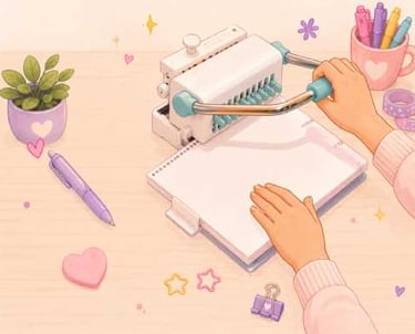 Una persona utiliza una máquina de encuadernación para perforar papel sobre un bonito escritorio