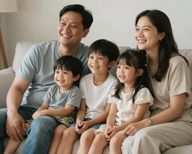 A caring agent discussing life insurance options with a young family in a cozy office.