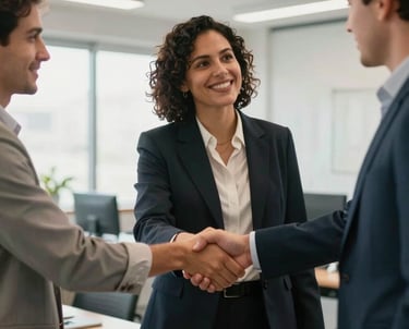 A warm and professional handshake between two people in a bright, modern Latin American office space, symbolizing trust and reliability.