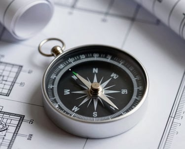 A close-up of a compass placed on top of clean architectural blueprints, representing integrity and direction in a Latin American business context.