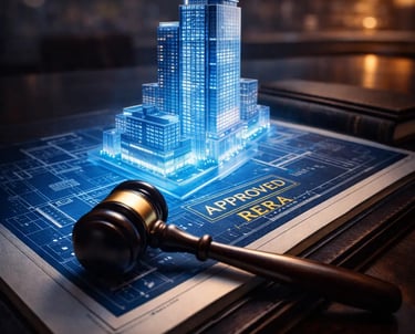 3D building model, gavel, and RERA approved blueprint illustrating UPRERA compliance for developers.