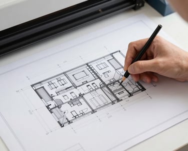 A black and white drawing of a four story building