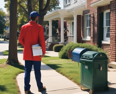 A delivery person handing out flyers in a residential neighborhood.