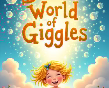 The Dream World of Giggles children's book cover featuring a smiling girl in a magical sky with bubbles.