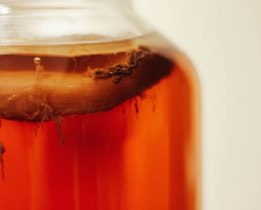 Frasco de kombucha, se ve el scoby con sus levaduras.