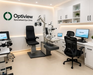 Modern ophthalmic examination room featuring advanced eye diagnostic equipment