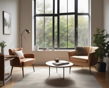 a living room with a couch and a table