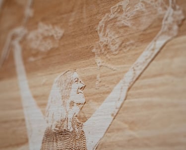 A laser cut image of a woman with MS sharing a story about having a friend adapt to her capacity