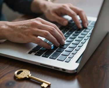 A person's hands typing on a laptop with a steel blue light reflecting on the keys. A small brass key sits on the desk nearby, symbolizing security.