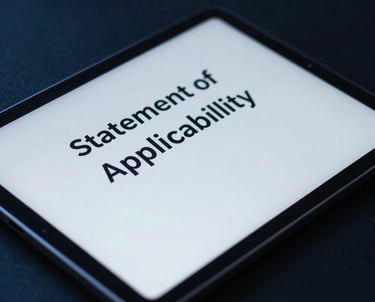 A macro photograph of a secure digital tablet displaying a document title 'Statement of Applicability'. Professional lighting in tones of dark navy blue.