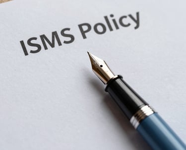 A close-up of a fountain pen resting on a light grey contract with 'ISMS Policy' clearly written at the top. Professional, sharp focus, with slate blue accents.