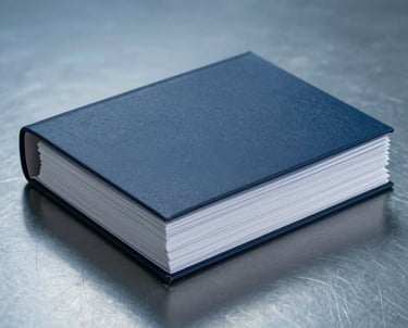 A stack of professional business documents bound in a dark navy blue folder, resting on a polished steel blue surface. Minimalist and authoritative lighting.