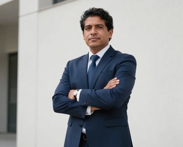 Portrait of a confident South American lawyer in a dark blue suit standing in front of a modern architectural white wall, soft natural light, conveying professionalism and trust.