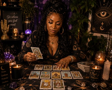 A spiritual tarot card reader performing a psychic reading with mystical crystals and lit candles.