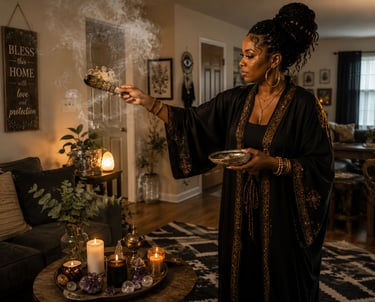 A woman in a black robe performs a smoke cleansing ritual with a sage smudge stick and healing crystals.
