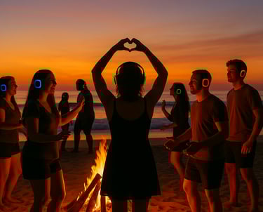 A group of people wearing headphones dancing by the beach as the sun sets