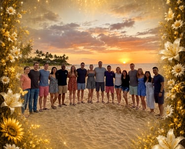 People at the beach on a beautiful frame of flowers and butterflies