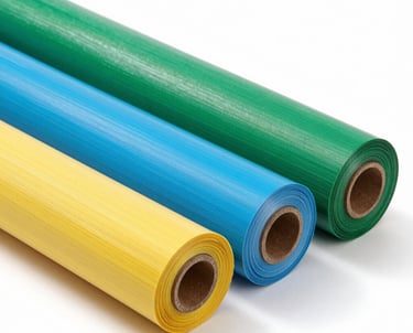 Rolls of glossy vinyl material in bright orange and gray tones arranged neatly.