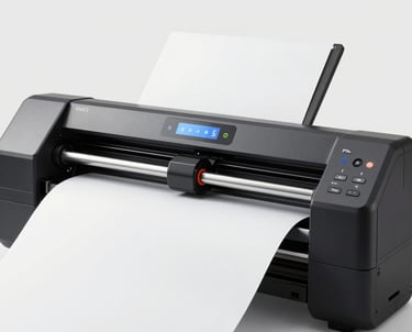 Sheets of colorful digital plotter paper with sample prints, under bright light.