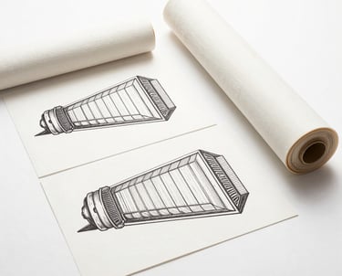 Close-up of vibrant orange printed vinyl rolls stacked on a shelf.