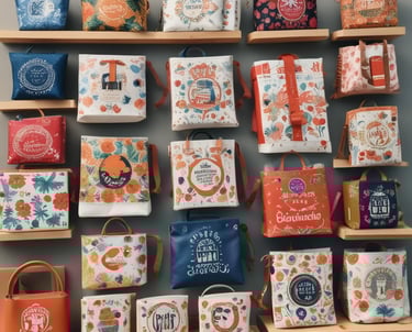 A creative workspace with branded merchandise samples and design sketches on a wooden table.