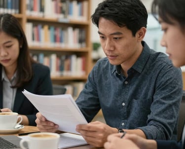 A close-up of a collaborative meeting in a Southeast Asian publishing house. Two editors are reviewing a manuscript together over coffee.