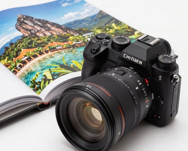 Photography of a high-end camera lens sitting next to an open photography book with Southeast Asian scenery. Elegant, artsy composition.