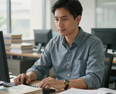 Portrait of a Southeast Asian male editor in a gray blue shirt, working in a bright, modern office filled with stacks of books and manuscripts. Soft morning light.