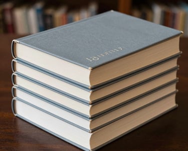 A stack of high-quality printed journals with gray blue and beige covers. The spines show clean, elegant typography. Shot from a side angle on a dark wooden surface in a Southeast Asian library.