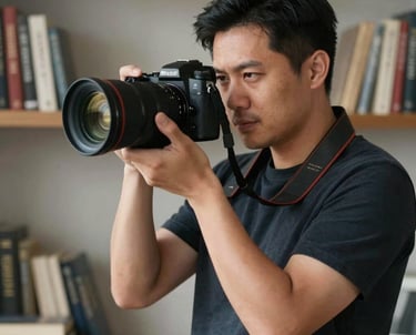 A professional Southeast Asian male photographer holding a high-end camera, standing in a studio with books. Soft lighting, sophisticated atmosphere.
