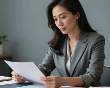 Portrait of a Southeast Asian woman in her late 30s, a senior book designer, looking at paper samples. Muted gray blue background, elegant professional attire.