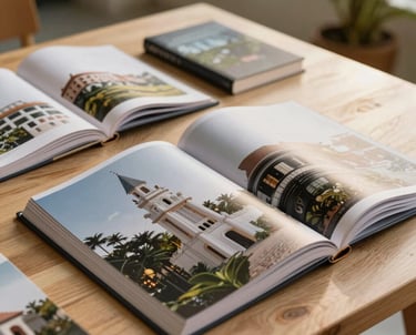 A collection of architectural journals spread across a light wooden table. The lighting is soft and warm, typical of a late afternoon in a tropical setting.