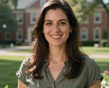 A portrait of a friendly woman with a warm expression, standing in a sunlit garden on a North American college campus, North American / US style.