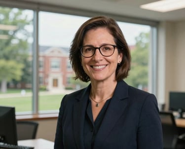 A portrait of a professional woman with glasses, smiling in a bright office with a window view of green trees on a college campus, North American / US style.