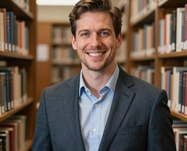 A portrait of a professional man in a business casual suit, smiling warmly in a library setting with rows of books, North American / US style.