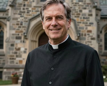 A portrait of a mature man in a clerical shirt, standing with a kind expression in front of a stone wall of a college chapel, North American / US style.