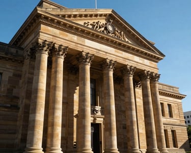 The grand sandstone pillars and facade of an Australian courthouse under a brilliant blue sky. This Oceania architectural shot emphasizes stability, tradition, and the strength of the legal system with crisp, professional lighting.