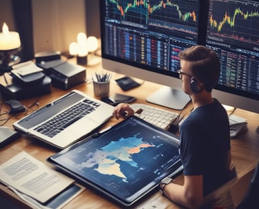 A mentor guiding a student through live trading on a laptop in a bright room.