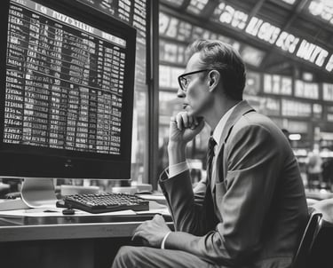 A mentor guiding a student through live trading on a laptop in a bright room.