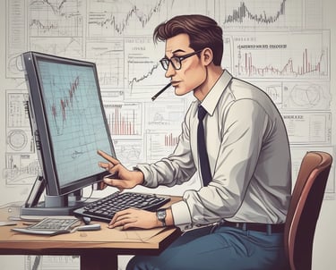 A focused trader studying charts on multiple screens in a cozy home office.