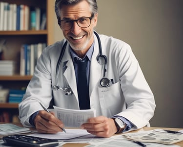 Doctor reviewing financial documents with a confident smile in a modern office.