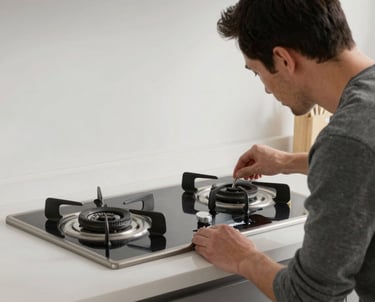 Technician fixing a modern stove in a bright kitchen.