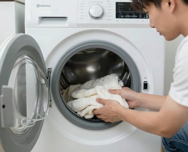 Professional repairing a washing machine in a cozy laundry room.