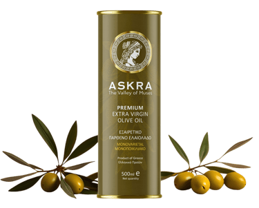 Askra Olivenöl Dose mit Olivenzweige und Oliven