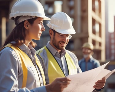 A sturdy construction site with workers in yellow helmets and navy blue uniforms coordinating a modern building framework.