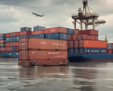 A cargo ship loaded with containers at a busy port.