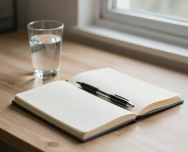 A calm workspace with a laptop displaying recovery phase charts and neatly organized notes.