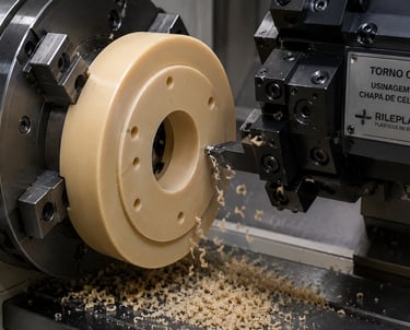 Torno CNC fabricando peça em celeron